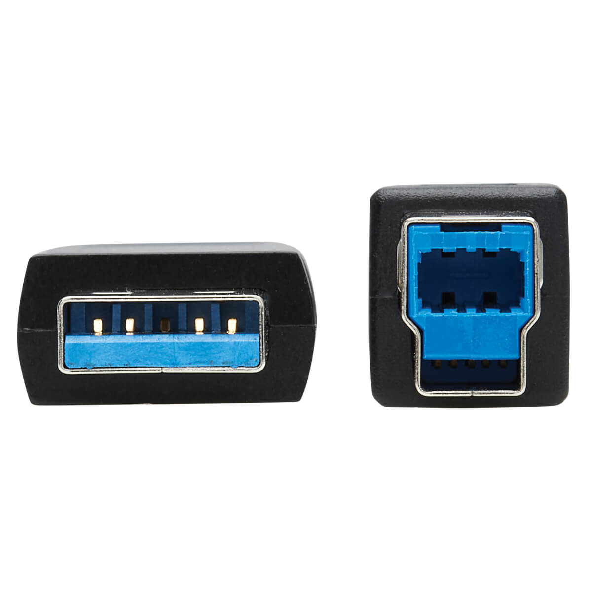 Twee zwarte USB 3.0-connectoren naast elkaar, blauwe binnenkant zichtbaar.