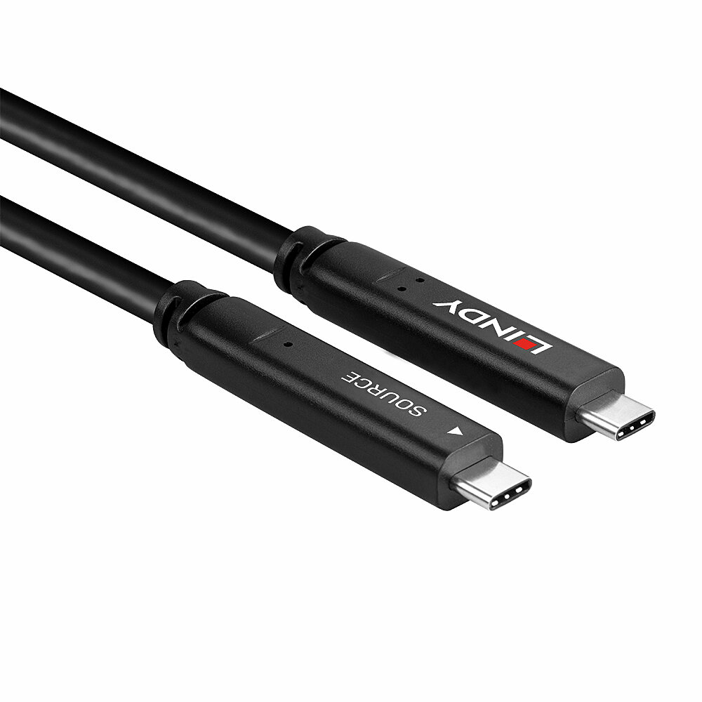 Deux câbles USB-C noirs avec connecteurs noirs. 'LINDY' et 'SOURCE' sont étiquetés sur les connecteurs. Fond blanc.