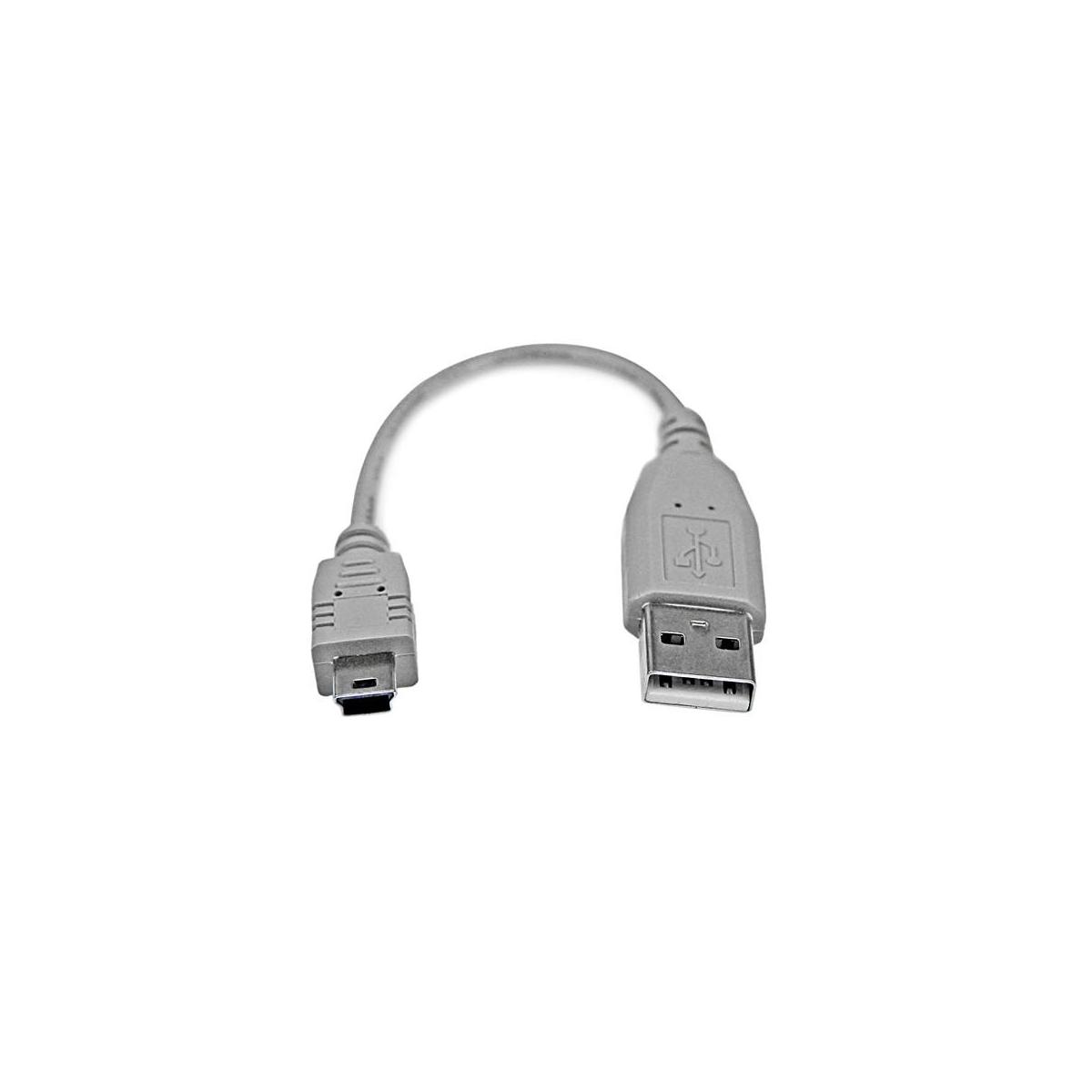 Un cavo grigio da USB a Mini-USB su sfondo bianco.