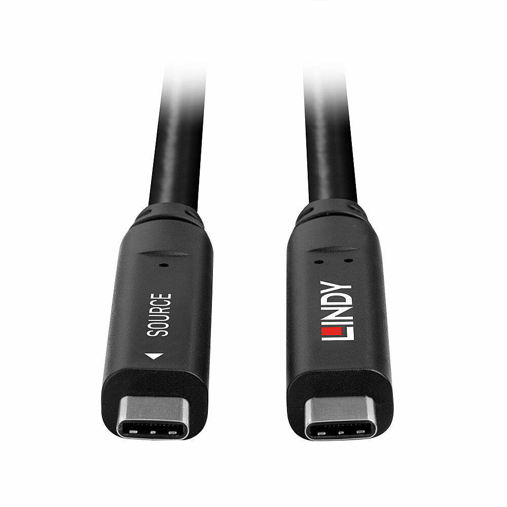 Câble USB-C noir avec les étiquettes "SOURCE" et "LINDY" sur les connecteurs.
