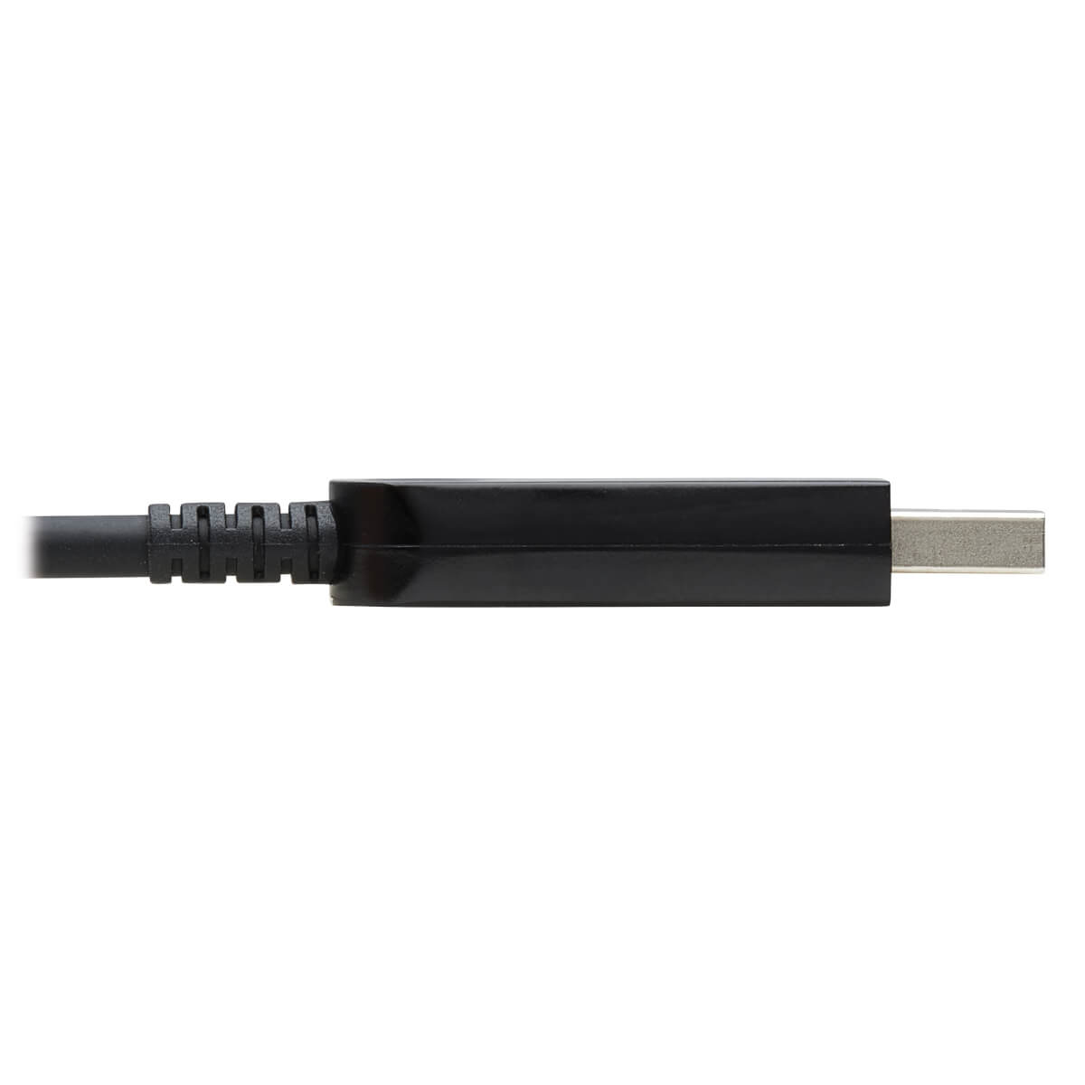Close-up van een zwarte USB-C kabelconnector.