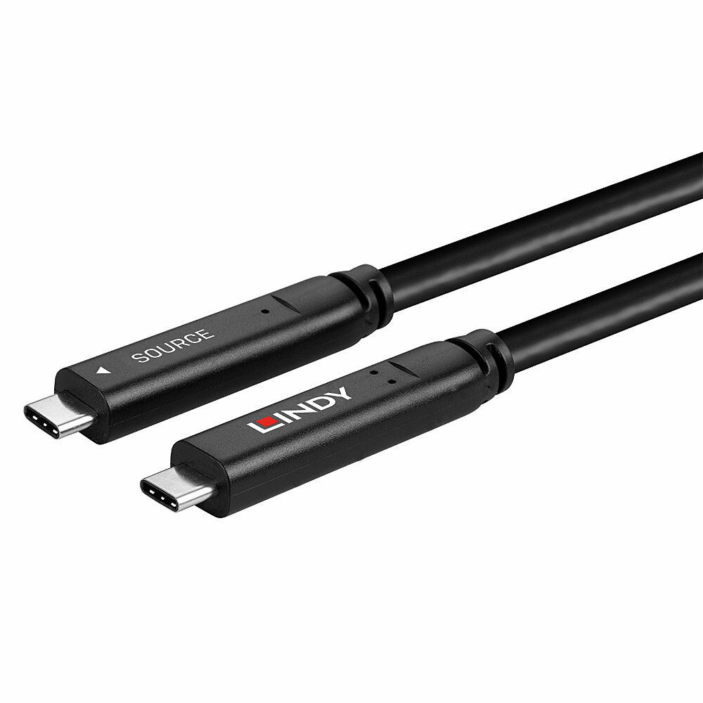 Câble USB-C de LINDY. Câble noir avec des connecteurs étiquetés 'SOURCE' et 'LINDY'.