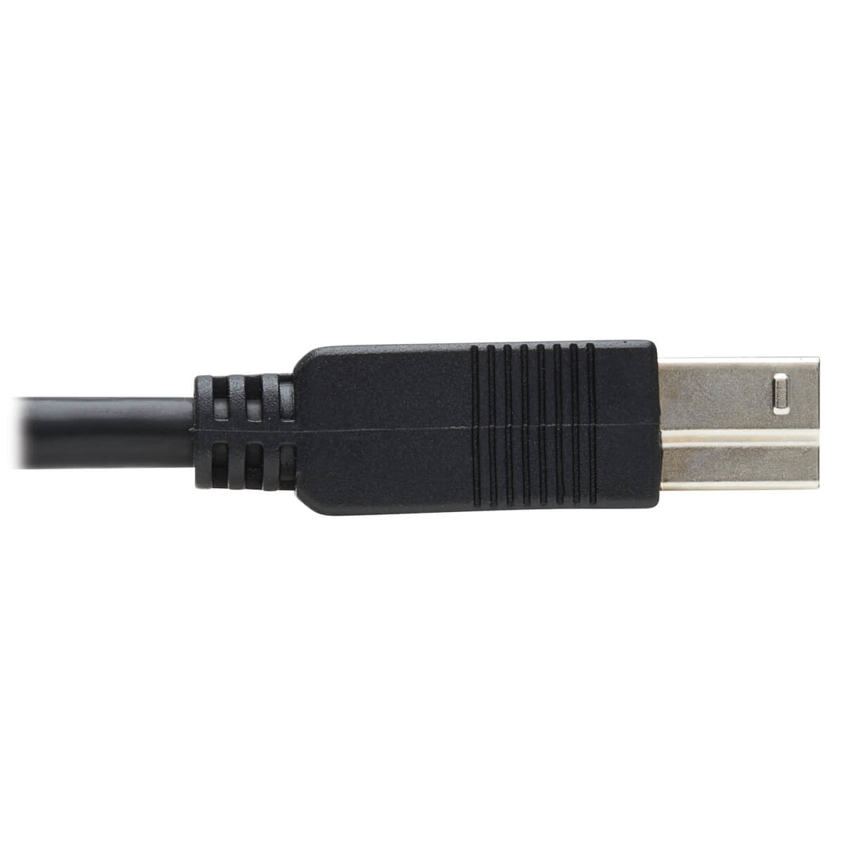Zwarte USB-aansluitkabel. De connector is rechthoekig.