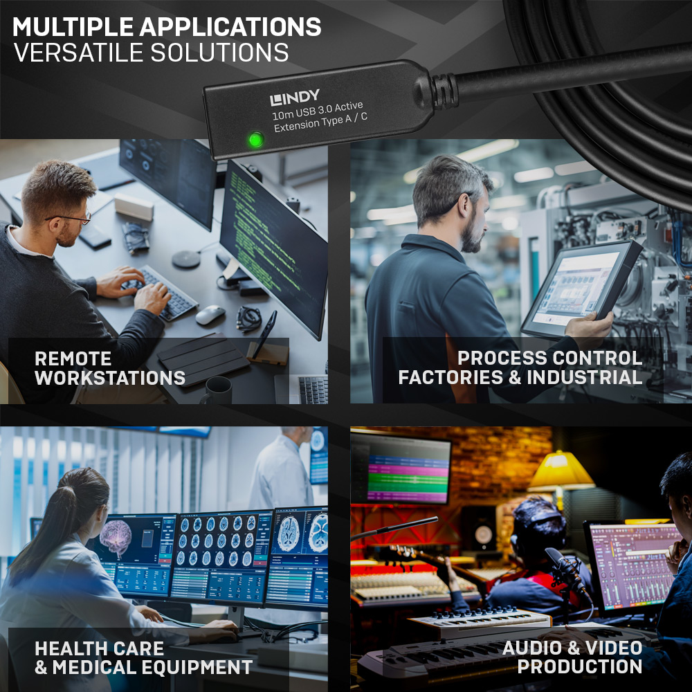 Kolaż osób używających kabli Lindy USB 3.0 w różnych środowiskach zawodowych.