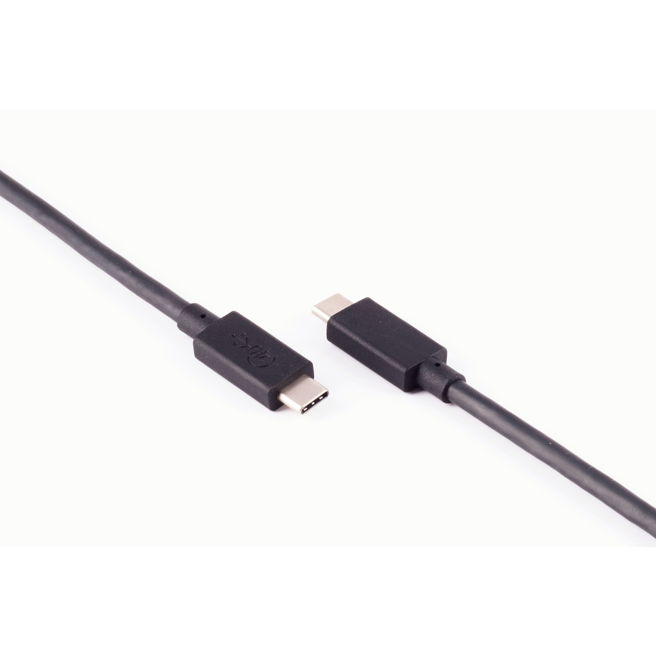 Dwa czarne kable USB-C, jeden ze złączem, drugi z portem USB-C.