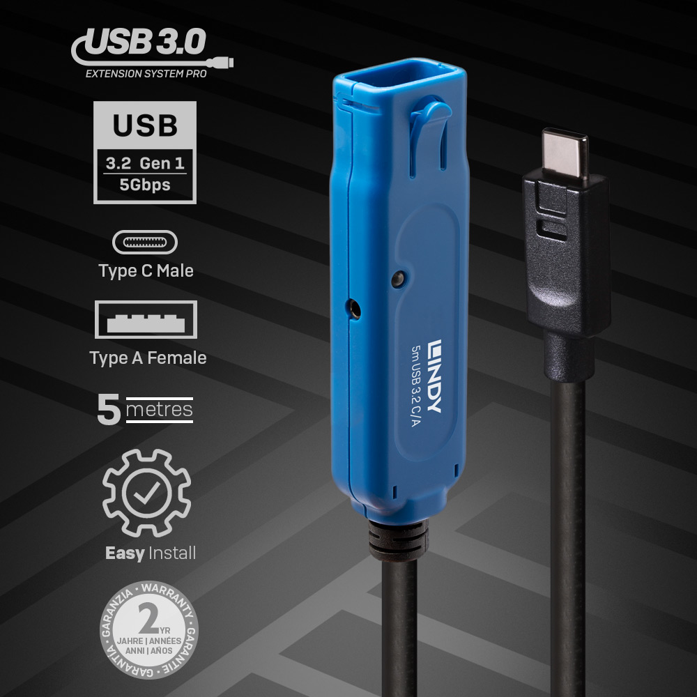 Blue USB extension cable with multiple icons and text. A black cable with a USB-C connector is also shown.