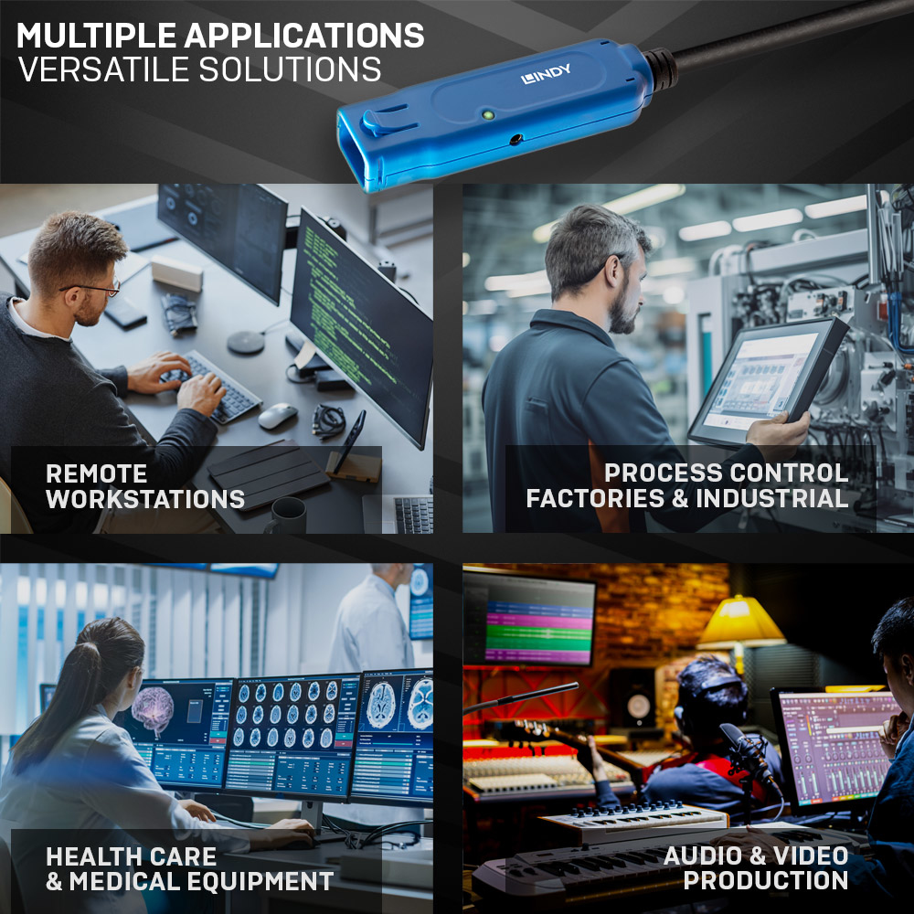 L'image présente diverses applications et solutions. Des personnes travaillant dans des postes de travail à distance, des usines, des soins de santé et de la production audio.