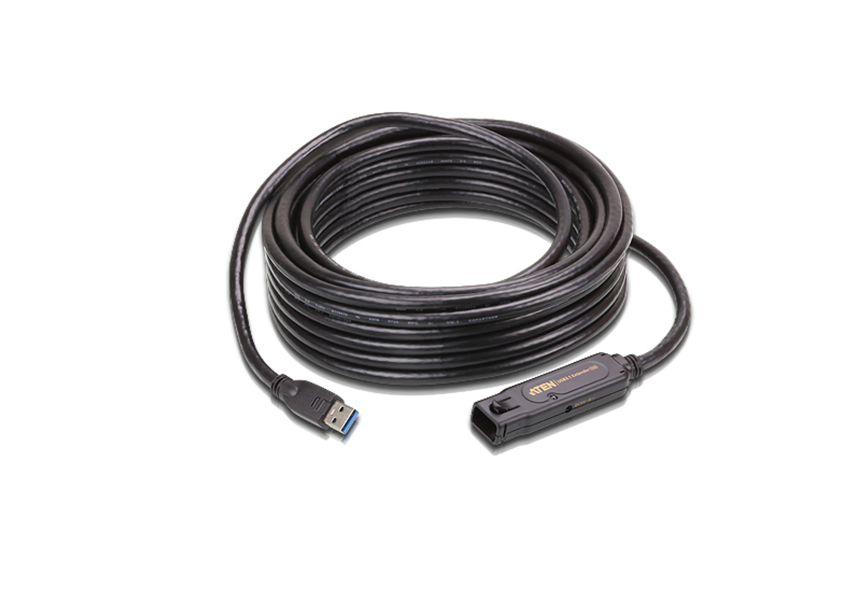 Câble d'extension USB noir, enroulé, avec connecteurs USB-A et USB-B.