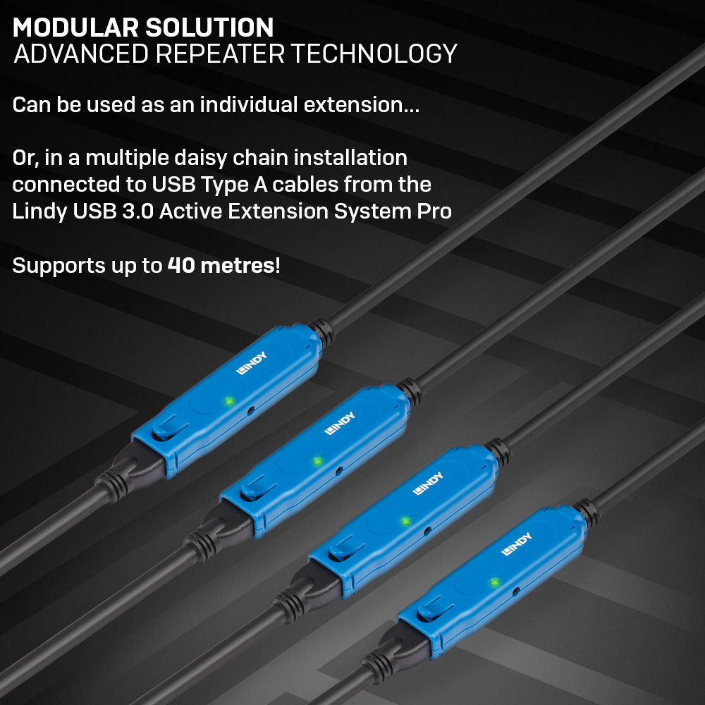 Blue Lindy USB 3.0 Active Extension System Pro cables. Text on a black background.
