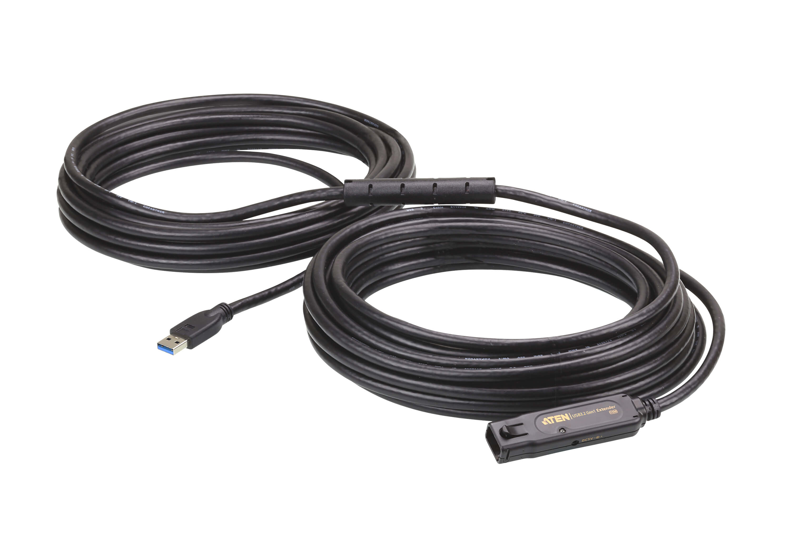 Lungo cavo di prolunga USB nero, con connettori USB-A e USB-B, arrotolato.