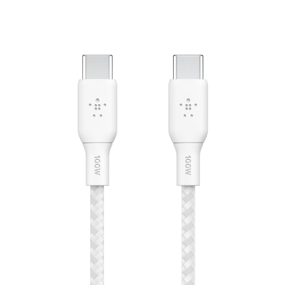 Due cavi USB-C bianchi con etichette da 100W.