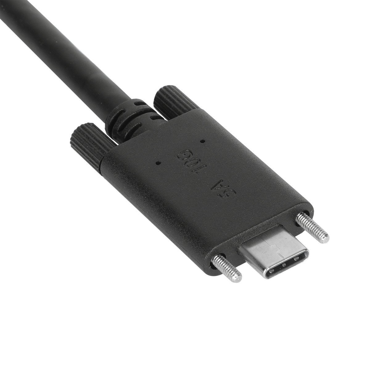 Primo piano di un connettore USB-C nero con due fori per viti.