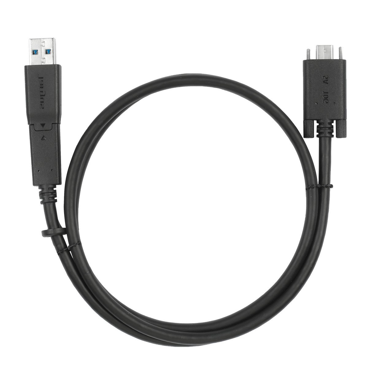 Cavo USB nero con connettore USB-A e Micro USB a forma di cerchio.