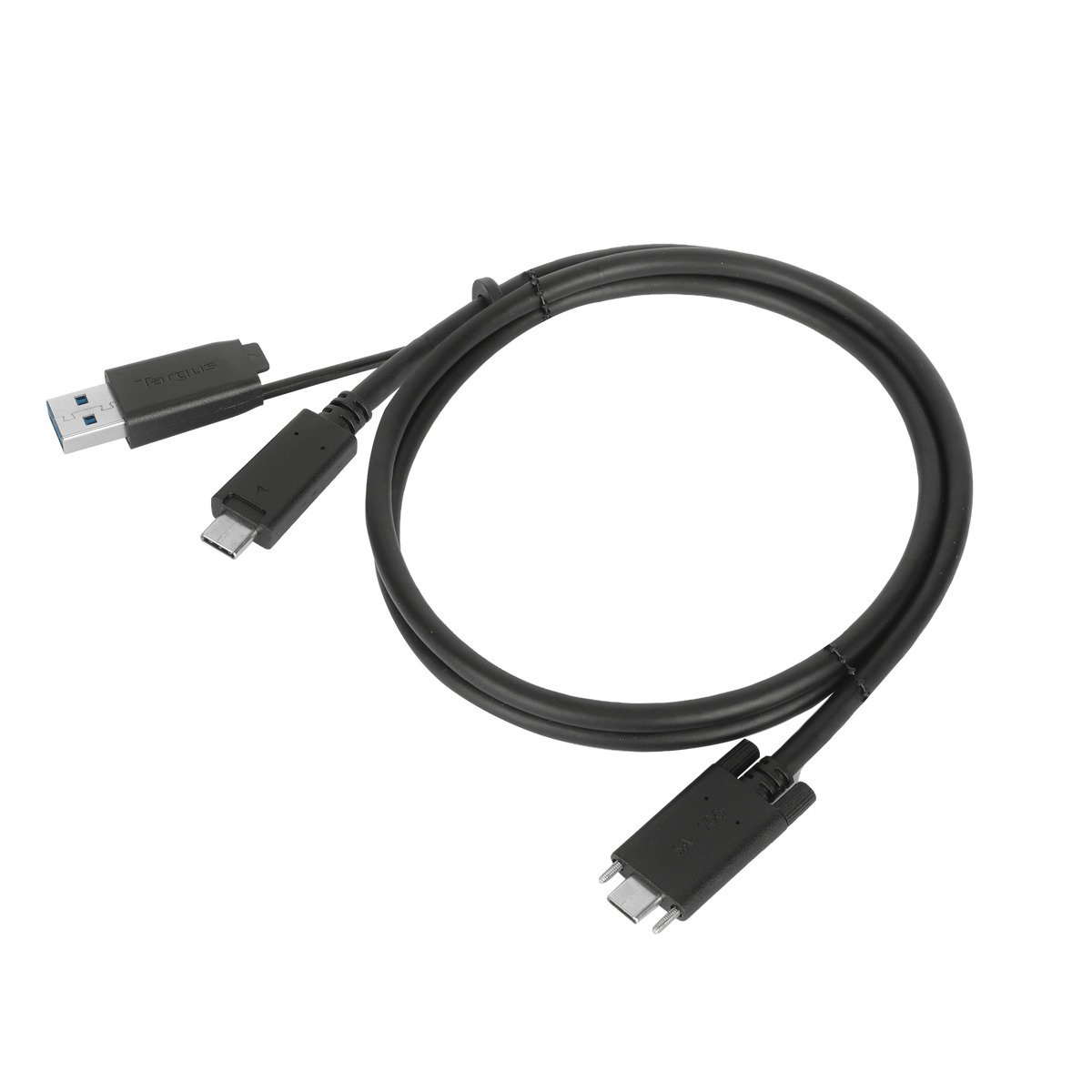 Cavo USB e USB-C nero con estremità mini-USB, per il trasferimento dati.