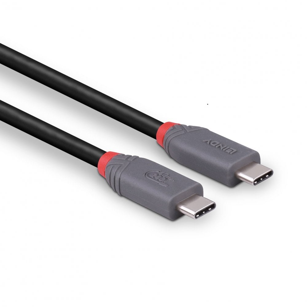Deux câbles USB-C noirs, connecteurs gris avec des accents rouges.
