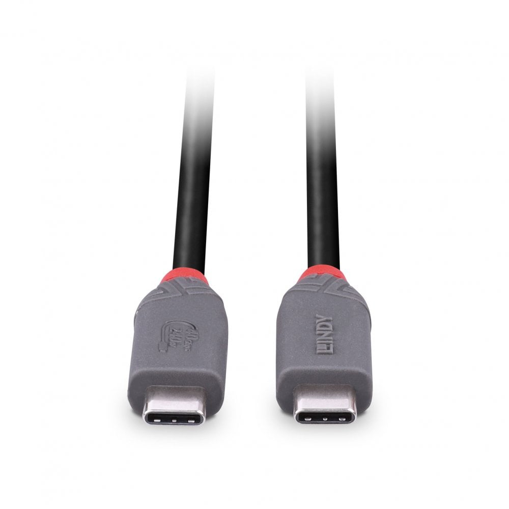 Deux connecteurs USB-C reliés par un câble noir, sur fond blanc.