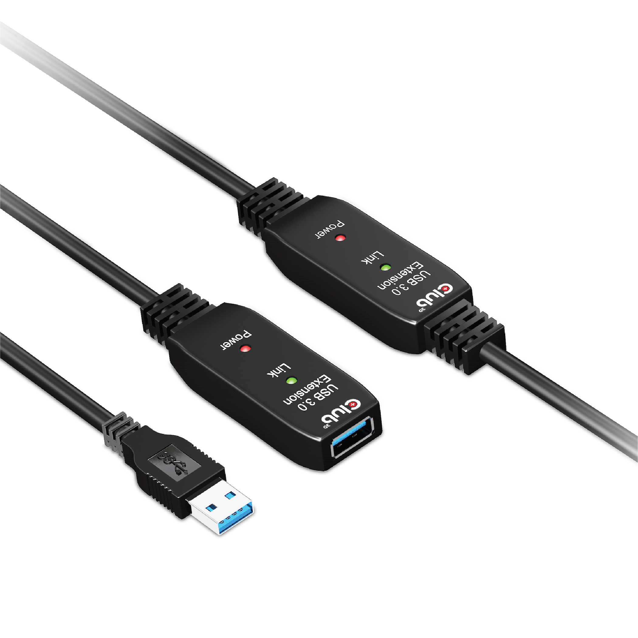 Due cavi di prolunga USB 3.0, con un connettore USB-A e USB-A, su sfondo bianco.