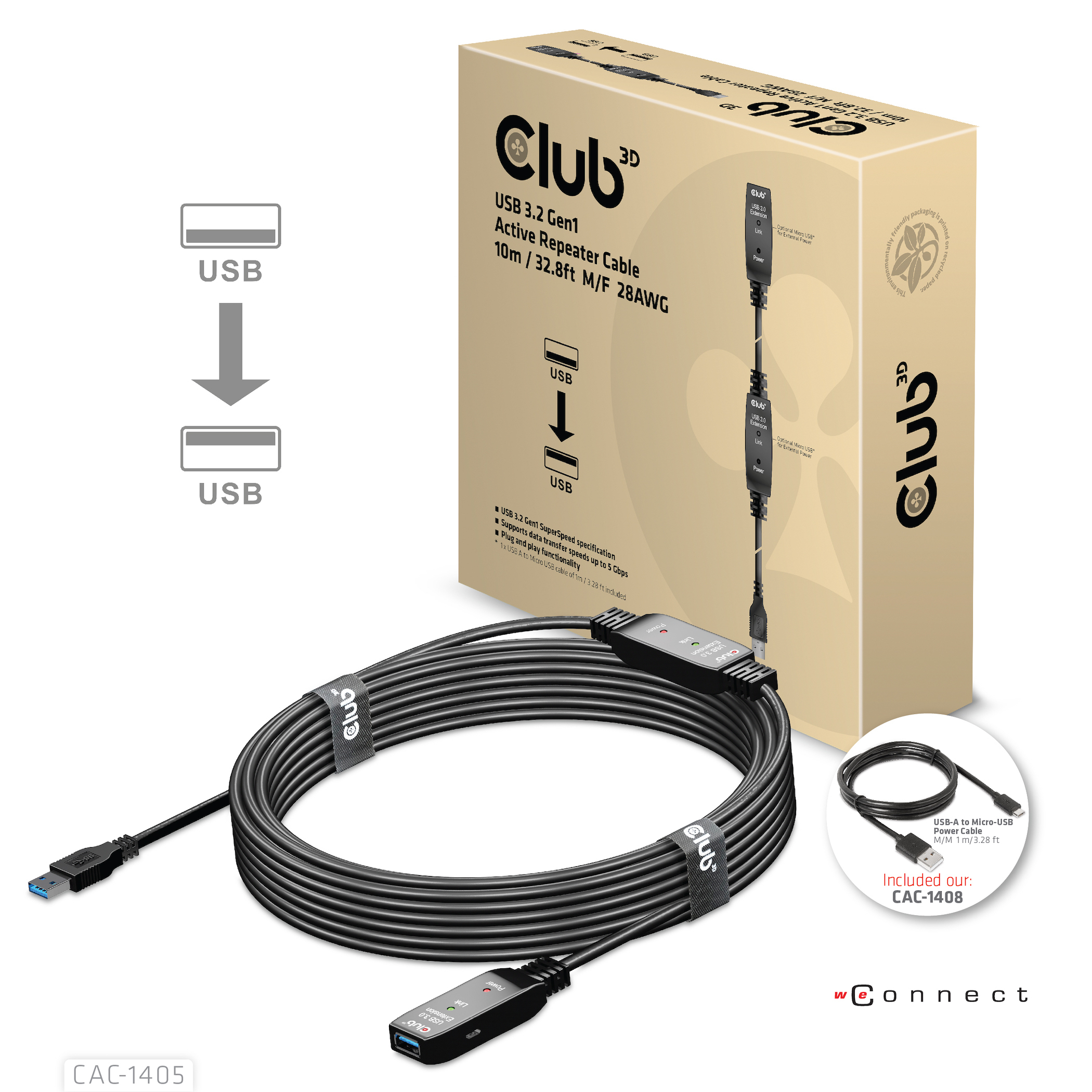 Cavo USB nero con connettori, scatola del prodotto sullo sfondo. Mostra la connessione del cavo USB-USB con frecce.