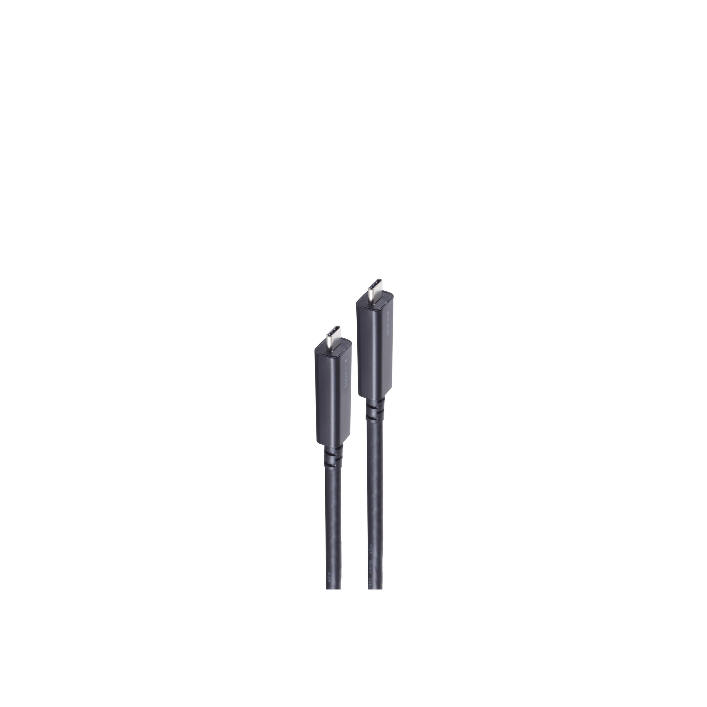 Cavi USB-C neri. Due cavi neri, collegati tra loro, con sfondo bianco.