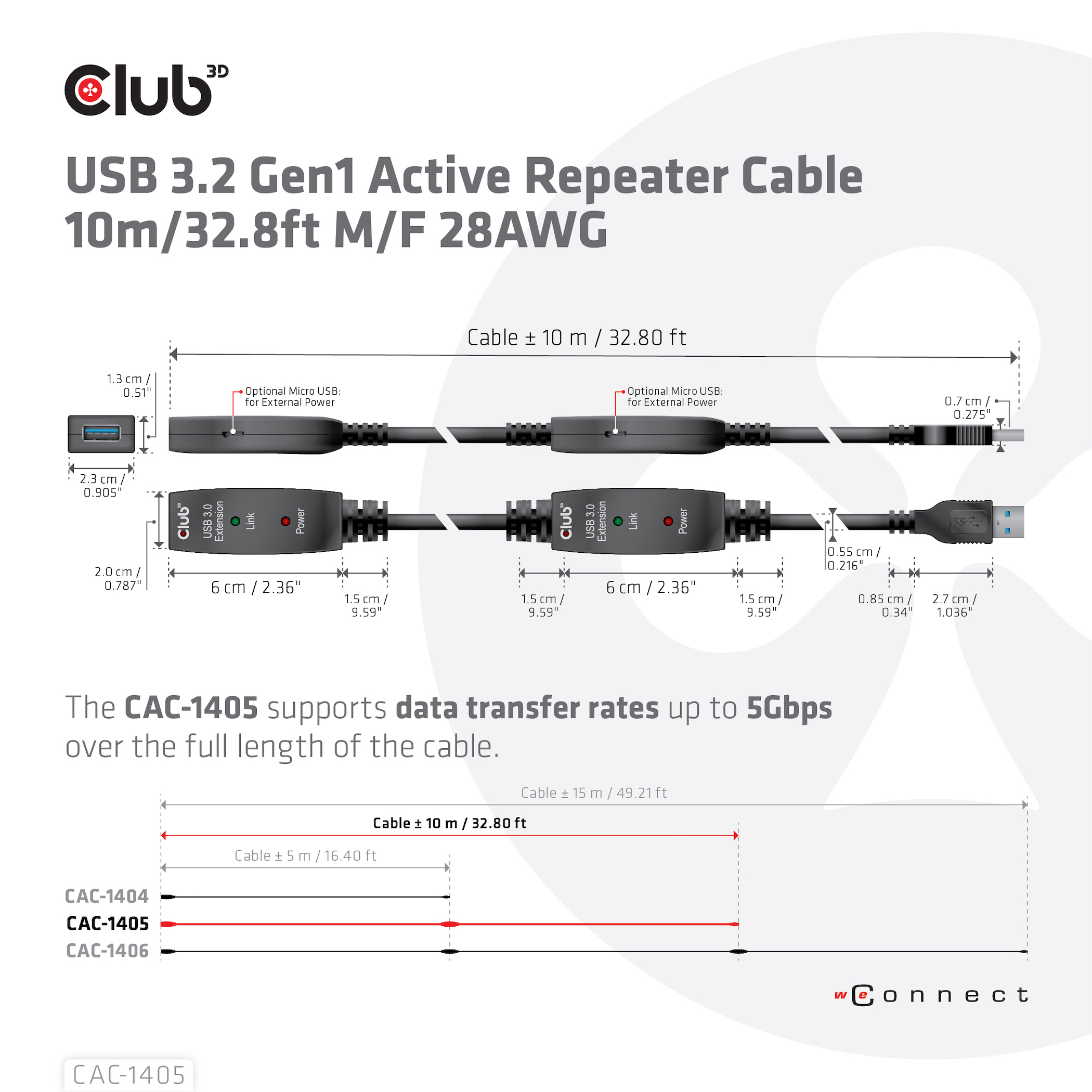 Diagramma tecnico di un cavo ripetitore attivo USB 3.2 Gen1 nero con misure.