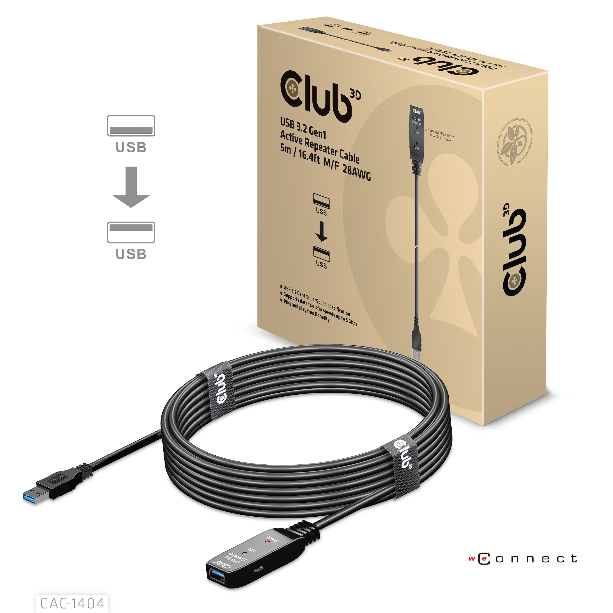Cavo USB nero arrotolato, con scatola e diagrammi, su sfondo bianco.
