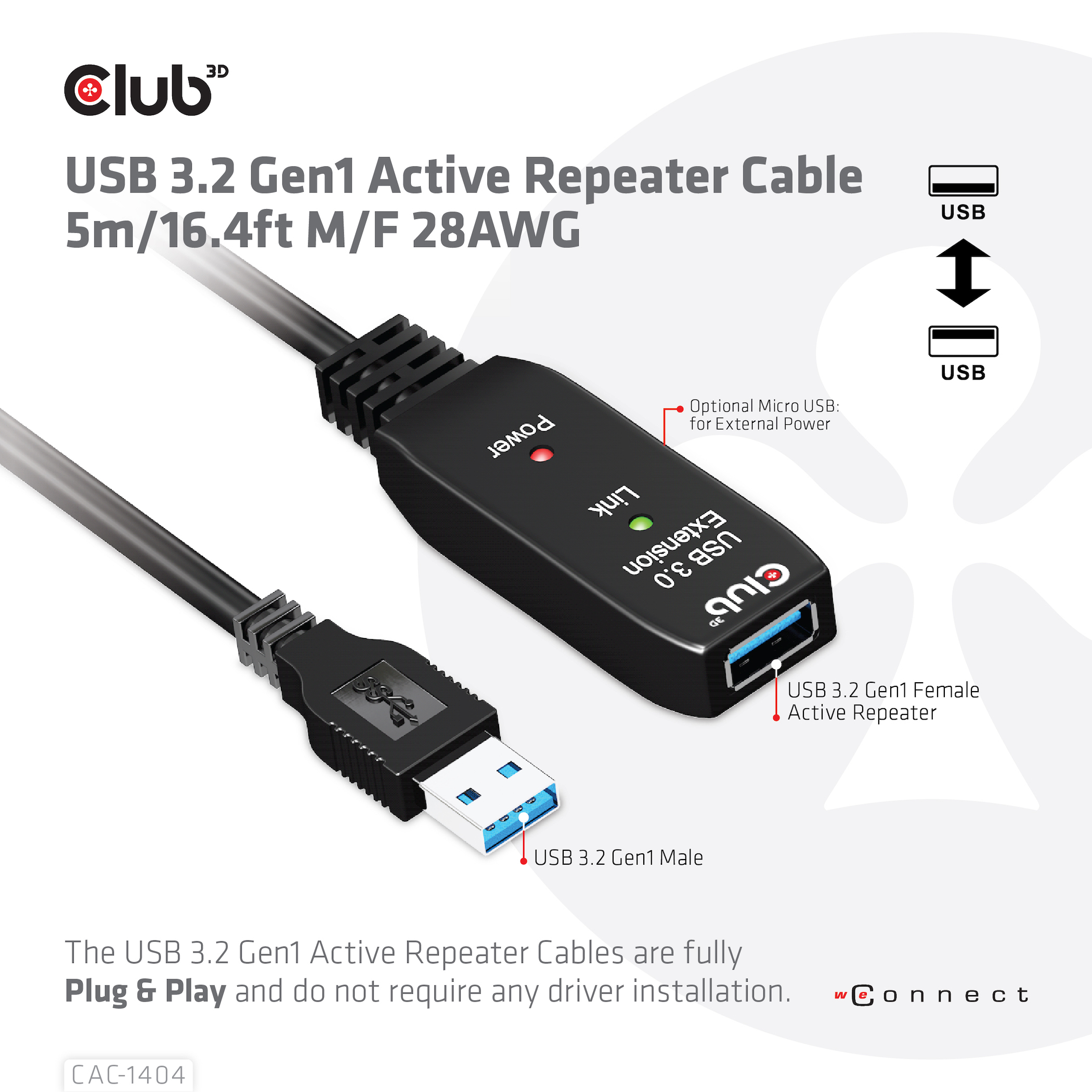 Cavo ripetitore attivo USB 3.2 Gen1 con connettori e descrizione.
