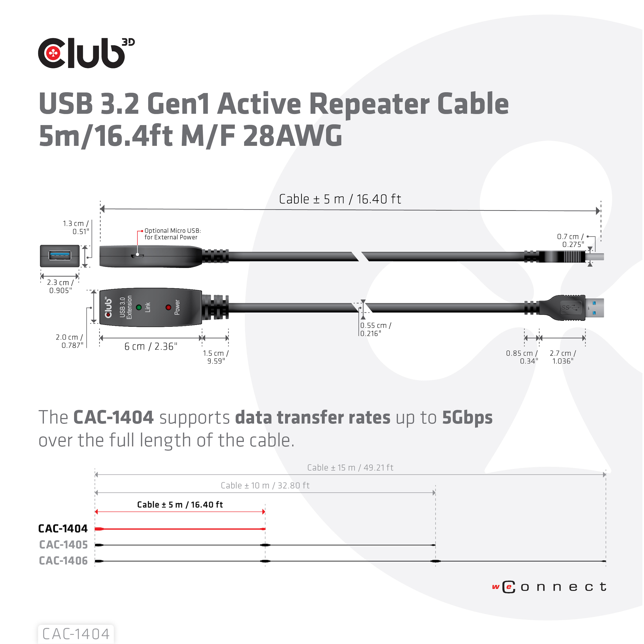 Diagramma di un cavo ripetitore attivo USB 3.2 Gen1, con misure e annotazioni testuali, su sfondo bianco.