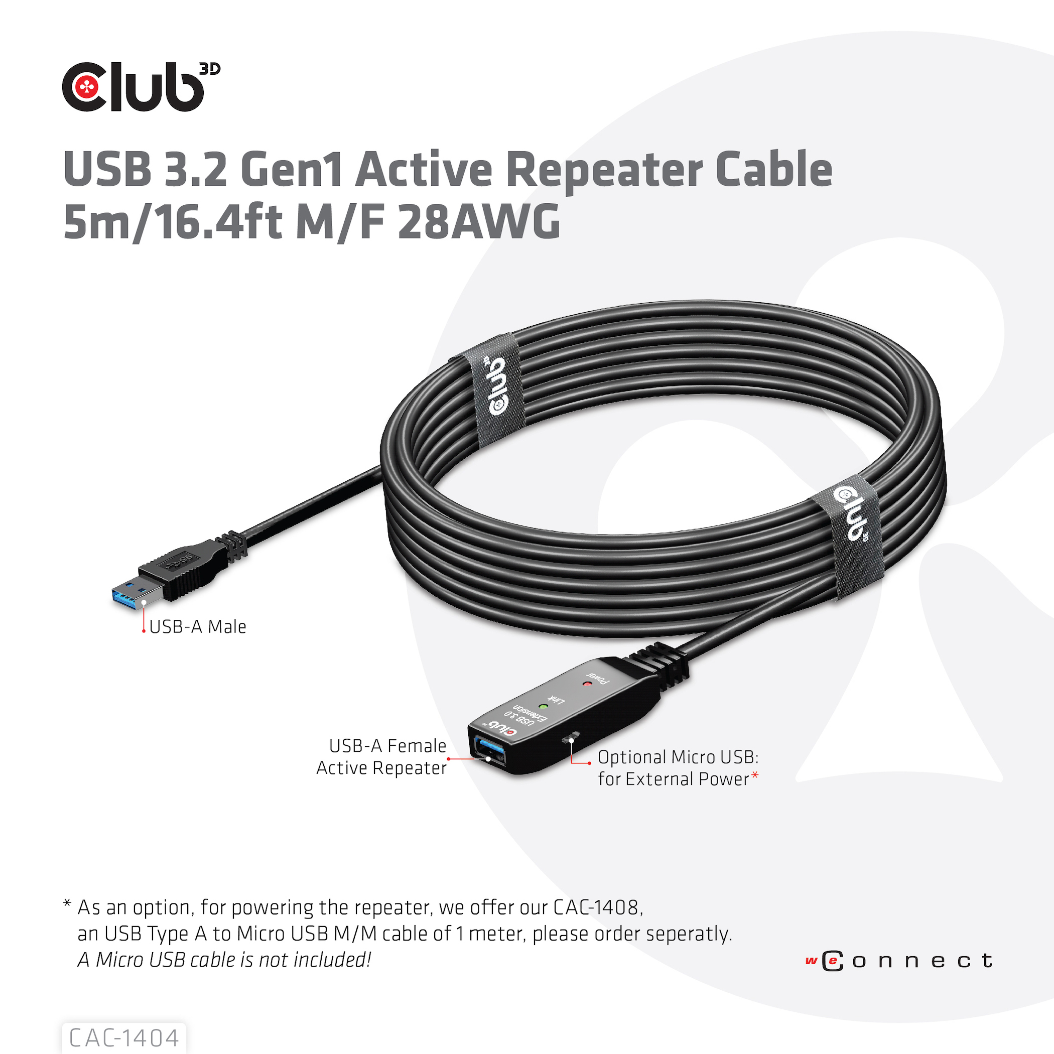 Un cavo ripetitore attivo USB 3.2 Gen1 nero con connettori etichettati e cavo arrotolato.