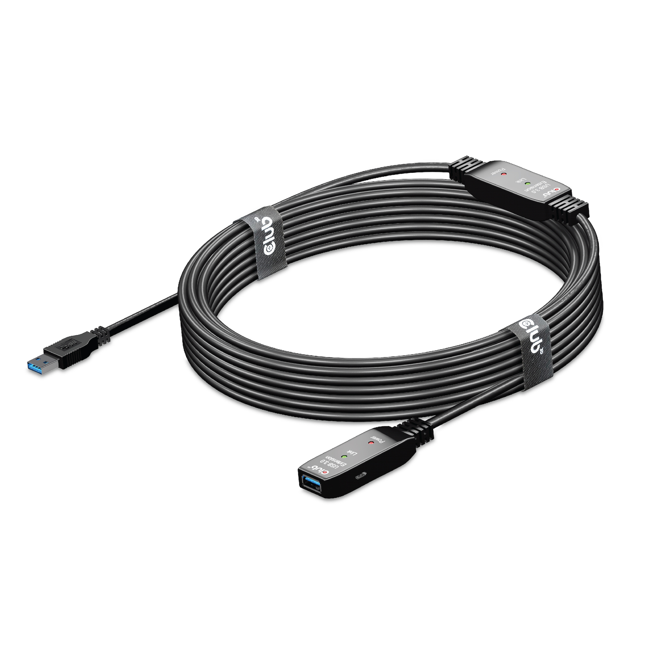 Cavo USB nero arrotolato con connettori USB-A e USB-B, con due ripetitori di segnale in linea.