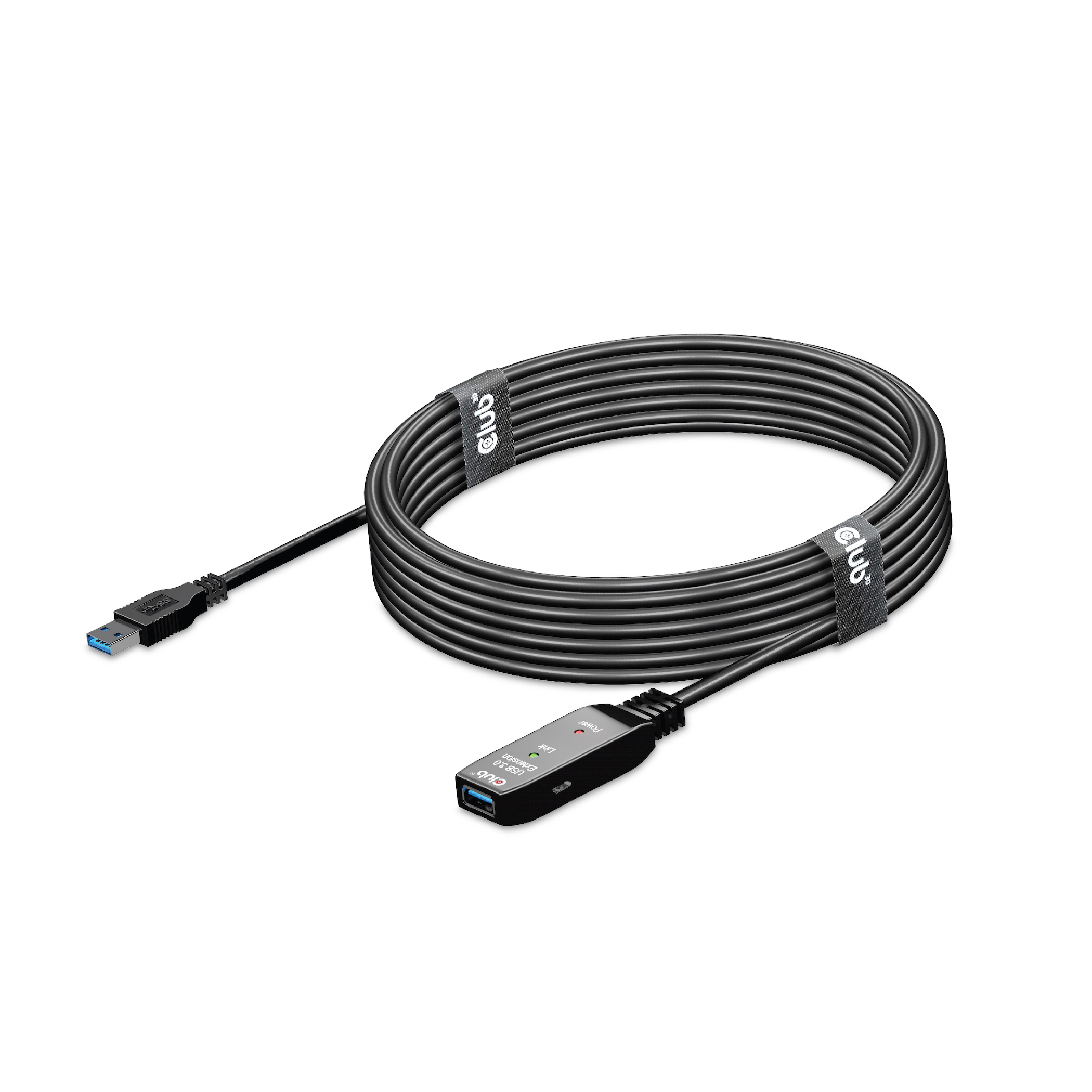 Cavo di prolunga USB nero arrotolato con USB-A e USB-A femmina.