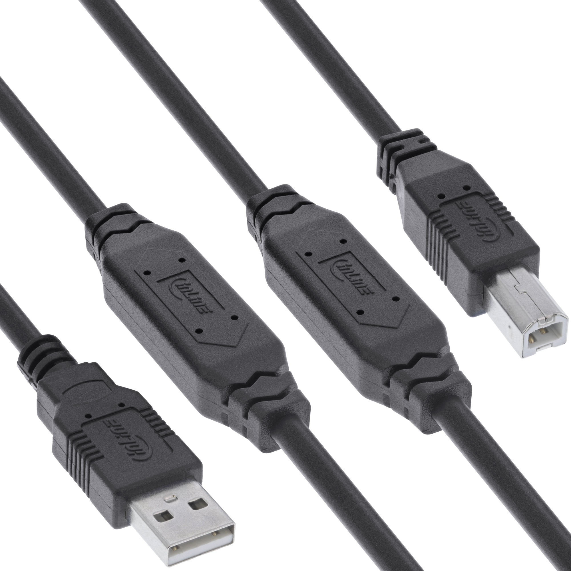 Quattro cavi USB neri con connettori USB-A e USB-B. I cavi provengono dal basso.