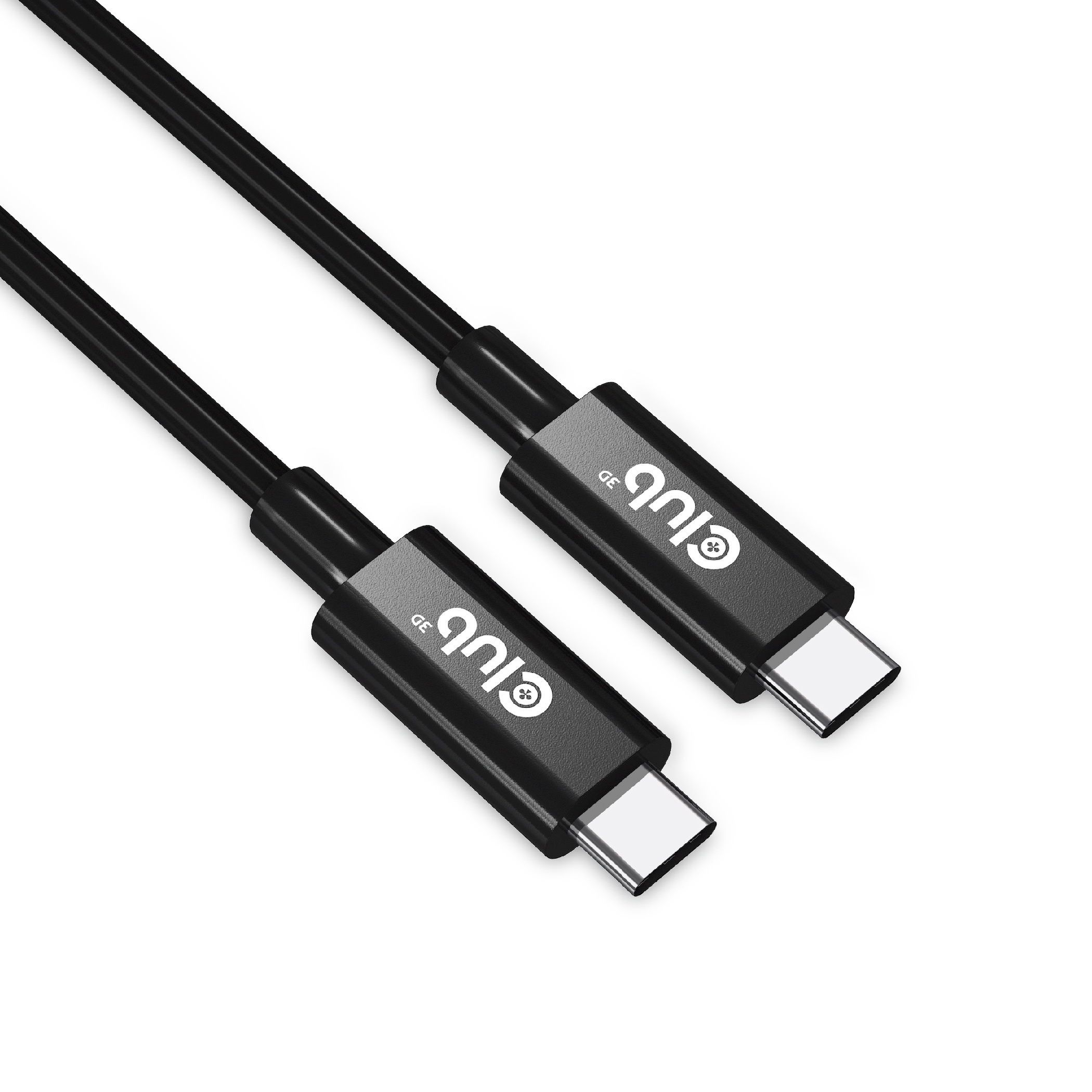 Cavo USB-C nero. Due connettori neri con logo club3d, sfondo nero.