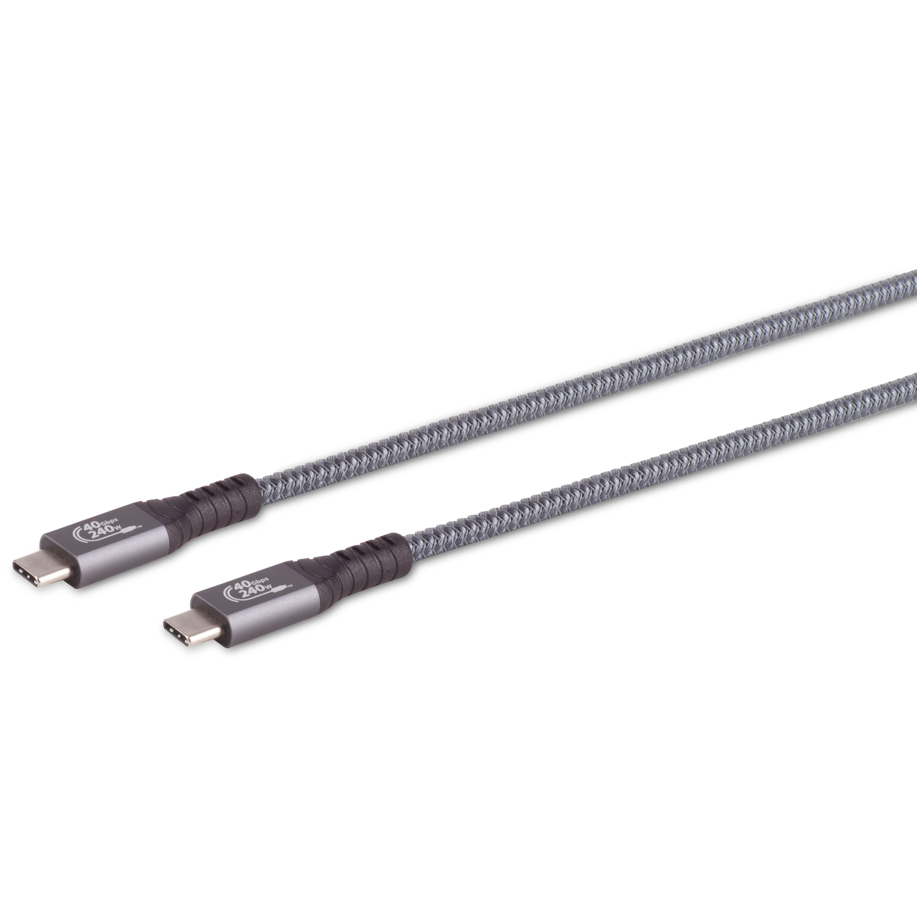 Due cavi USB-C grigi con motivo strutturato su una superficie bianca.