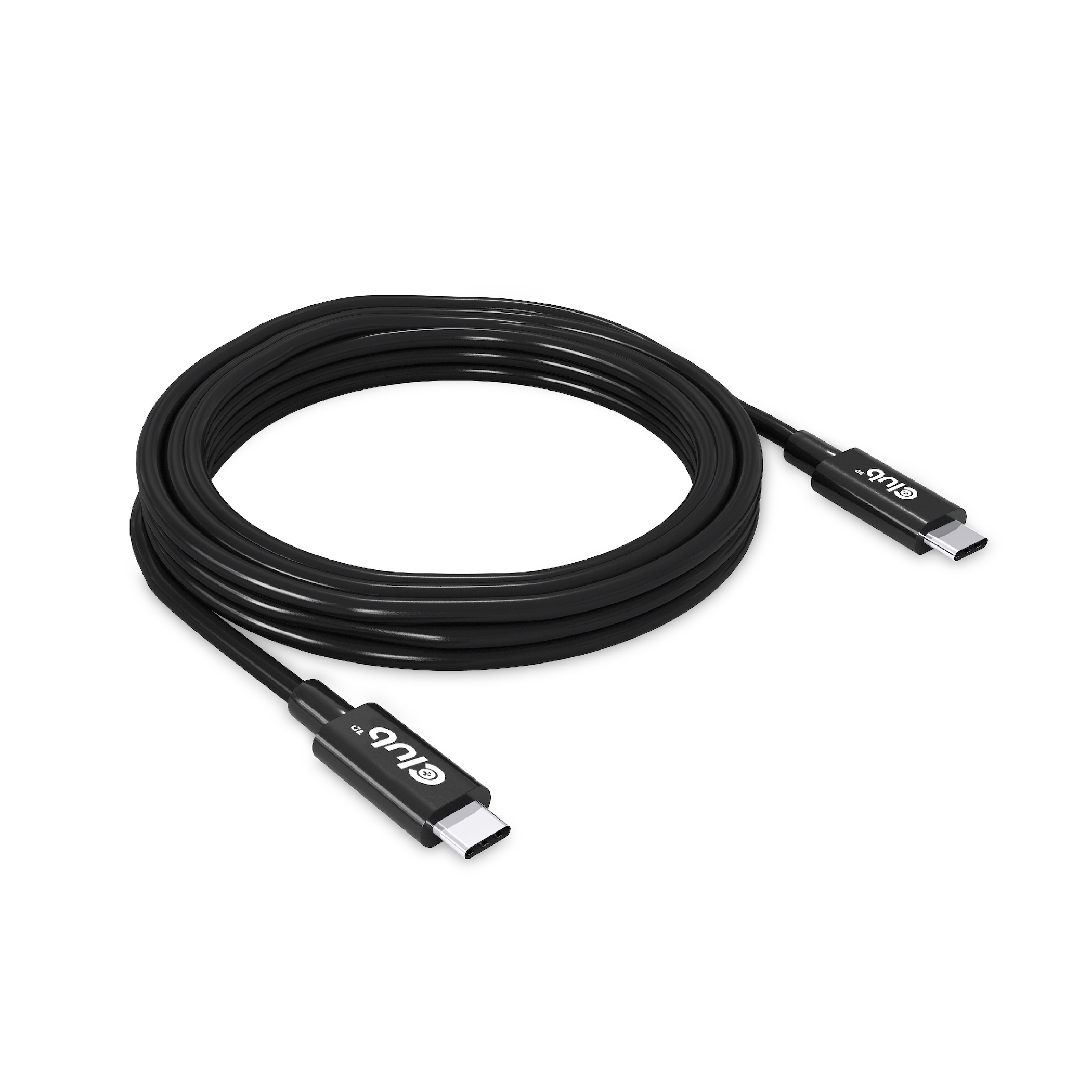 Cavo USB-C nero con connettori, su sfondo bianco.