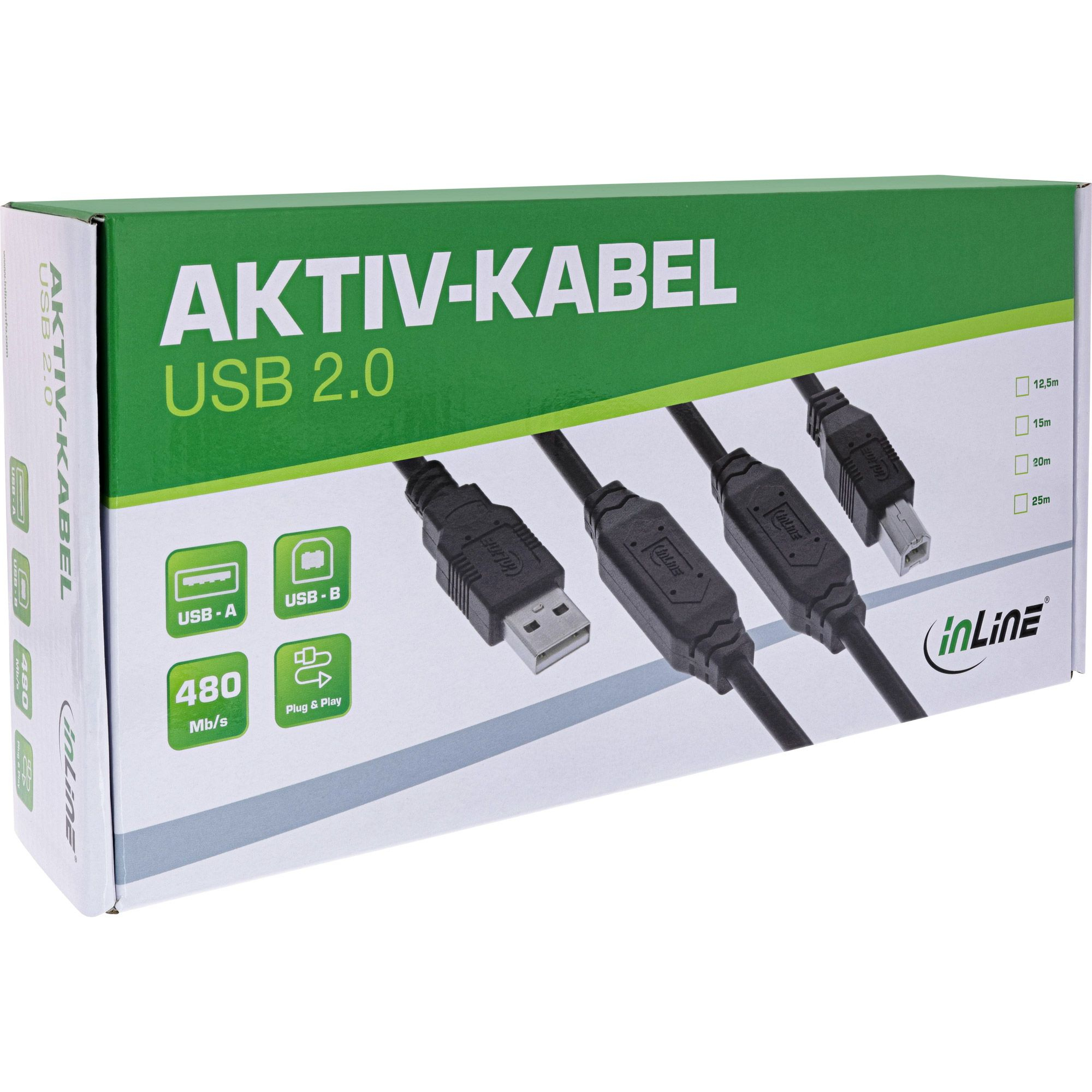 Scatola per un cavo Aktiv-Kabel USB 2.0 con vari connettori USB, testo verde e bianco.