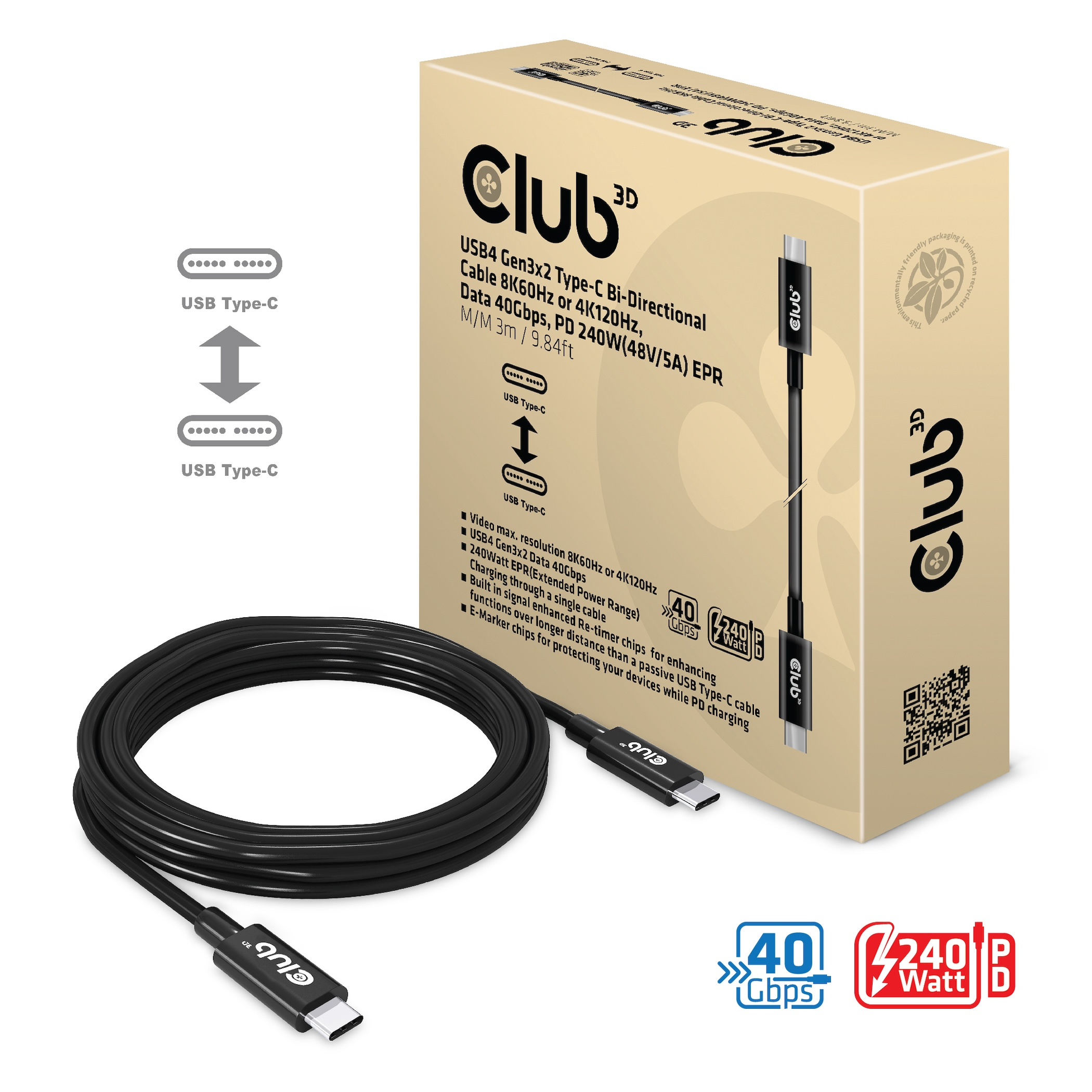 Un cavo USB-C nero, una scatola del prodotto con marchio e specifiche, su sfondo bianco.