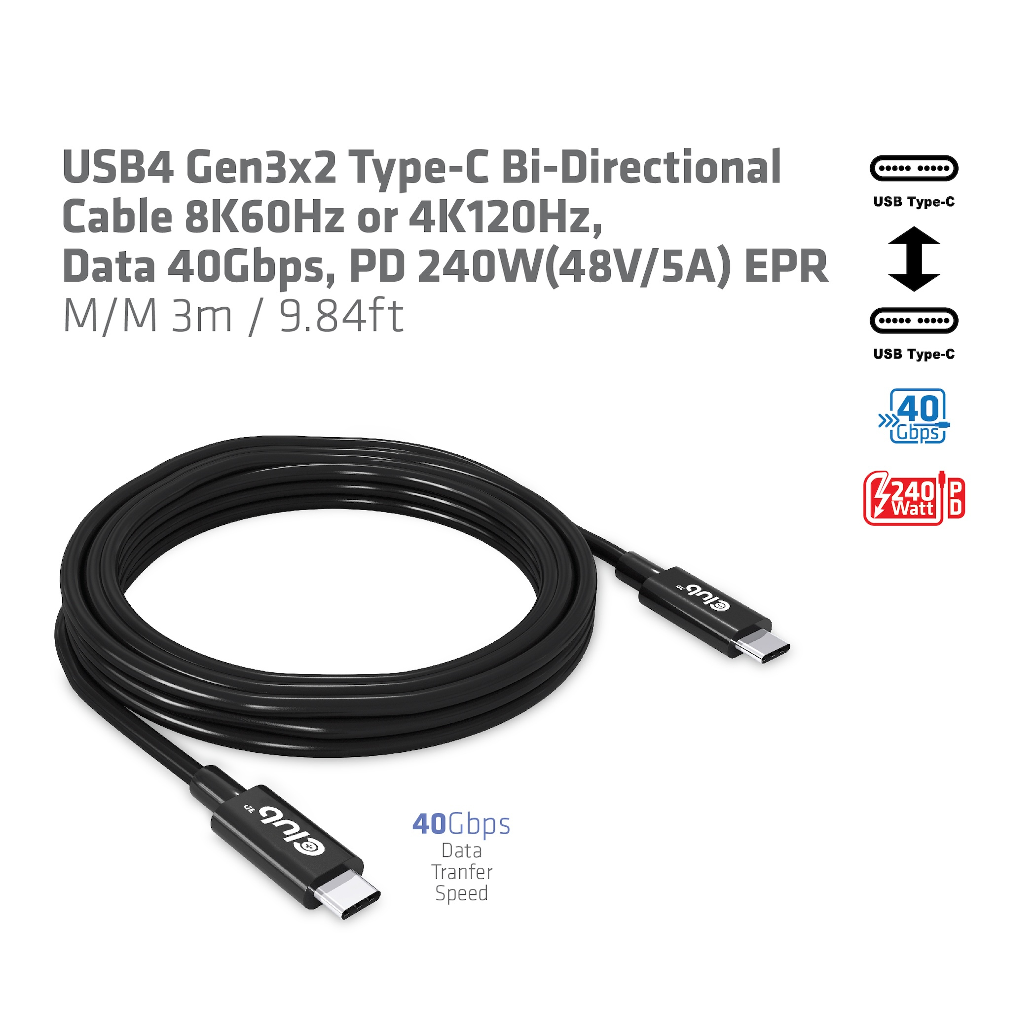 Cavo USB4 nero arrotolato con connettori USB-C e icone. Sfondo bianco.
