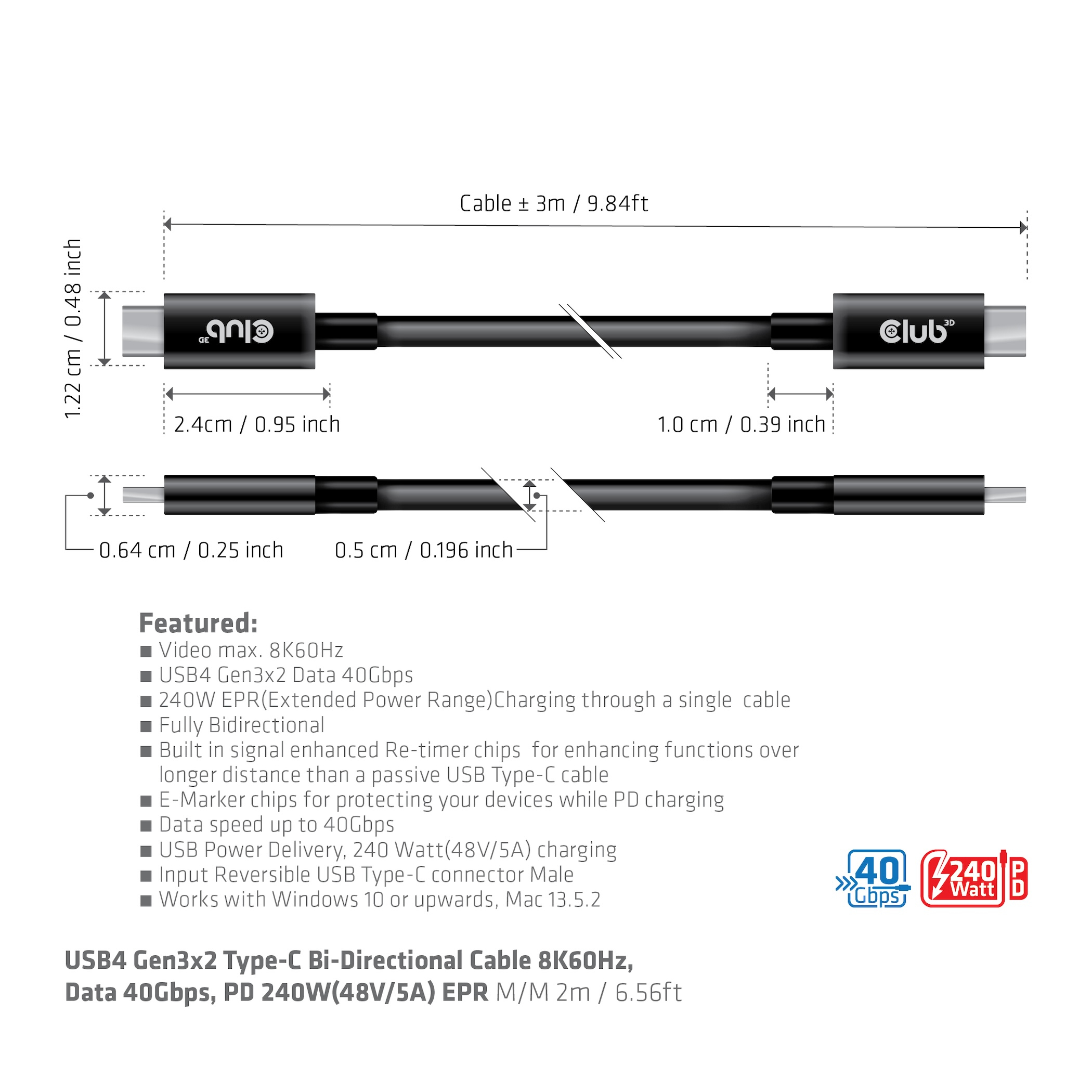 Diagramma di un cavo USB nero con specifiche. Sfondo bianco.