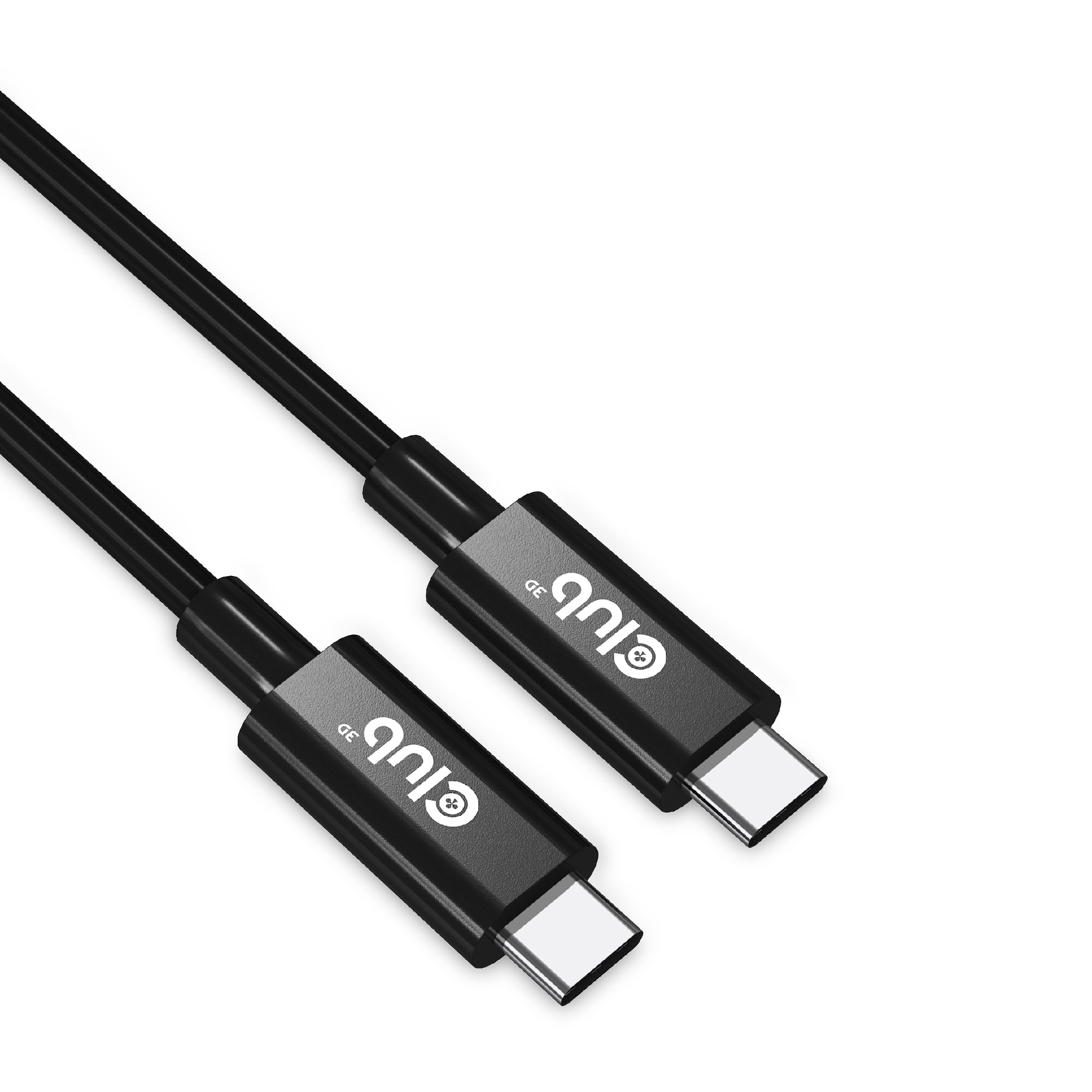 Due cavi USB-C neri, affiancati, su sfondo bianco. I cavi hanno un logo club 3d.