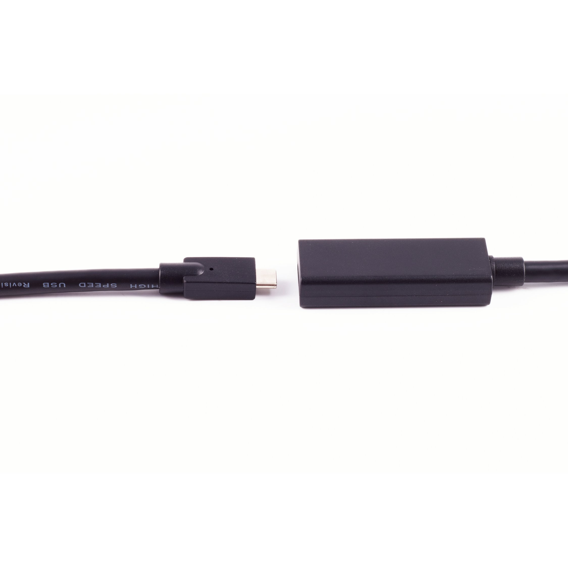Connettore USB-C nero separato da un blocco rettangolare nero su sfondo bianco.