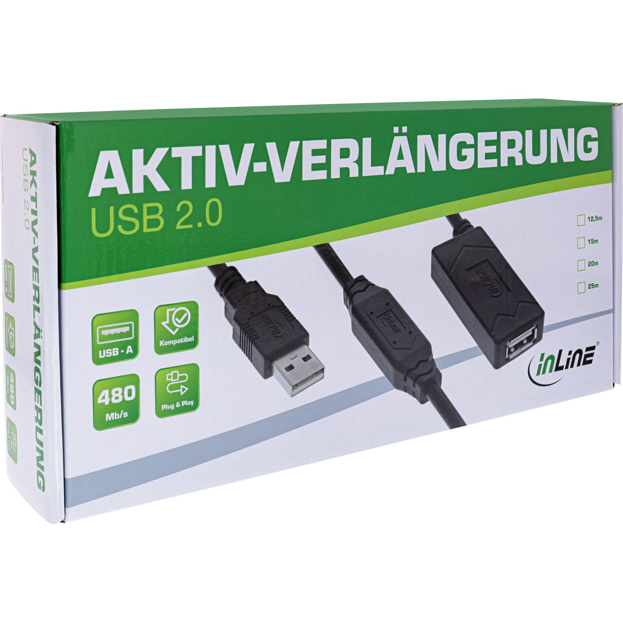 Confezione cavo di prolunga USB 2.0. La scatola mostra tre cavi USB con schema di colori verde e bianco.