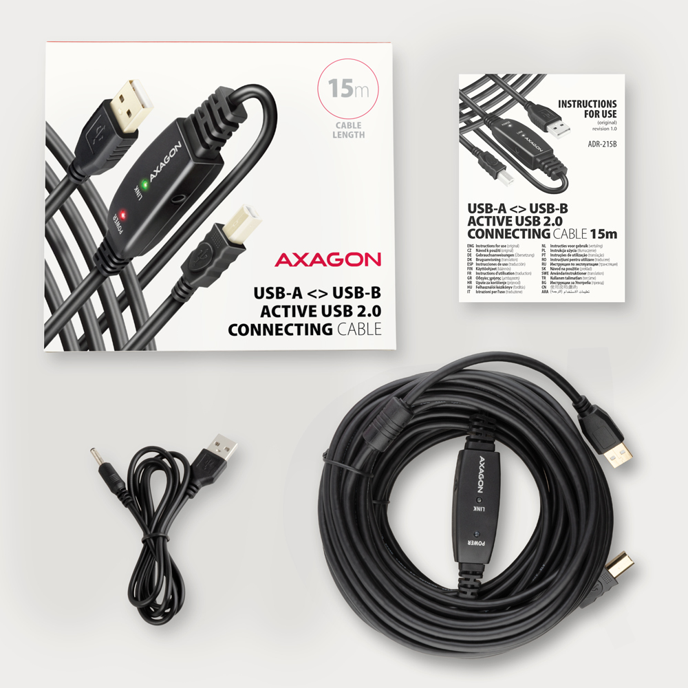 Meerdere kabels en connectoren, waaronder USB-A, USB-B en een inline signaalrepeater.