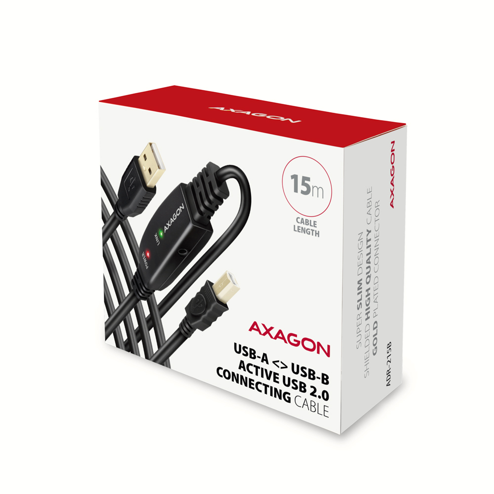Witte doos met een zwarte USB-kabel. De doos heeft het Axagon-logo en productdetails.