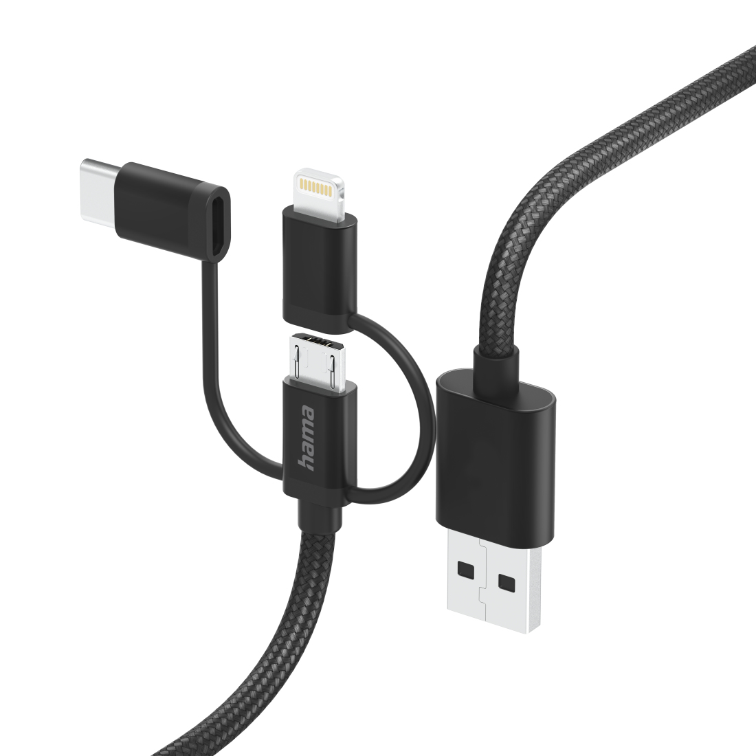 Un cavo nero multi-connettore con connettori USB-A, USB-C e Lightning.