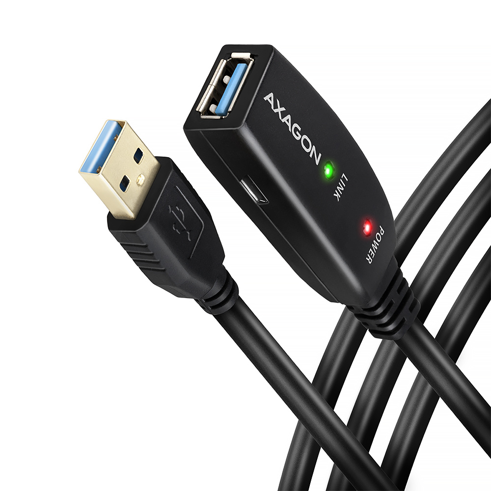 Cavo USB nero con connettore USB-A e ripetitore di segnale in linea, con luci verdi e rosse.