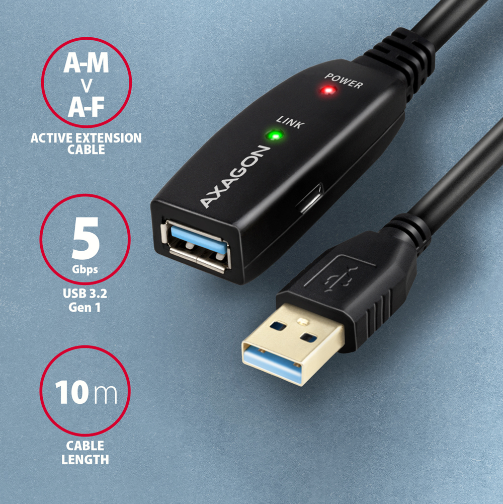 Cavo USB nero con una porta USB blu. Il cavo presenta il logo Axagon e una luce rossa e verde.