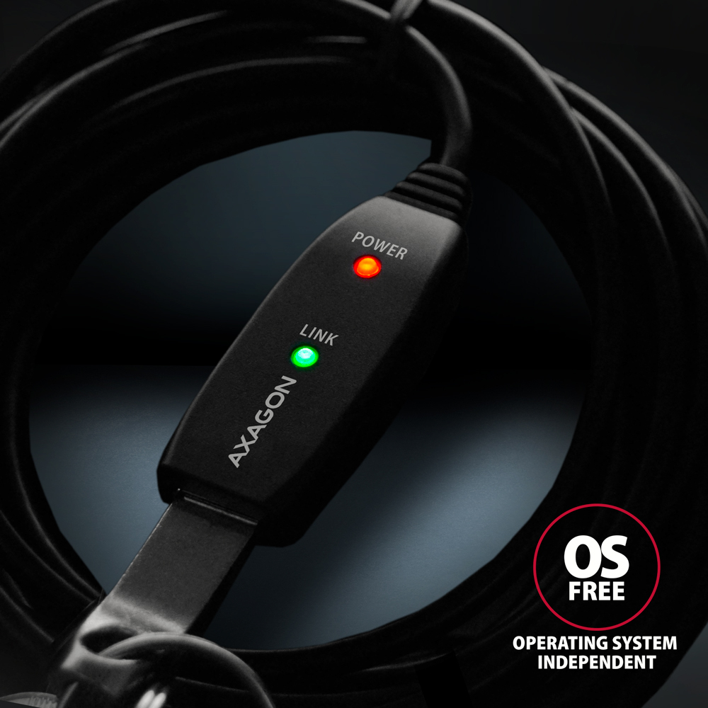 Cavo Axagon nero con luce verde e rossa. Testo: 'OS FREE'.