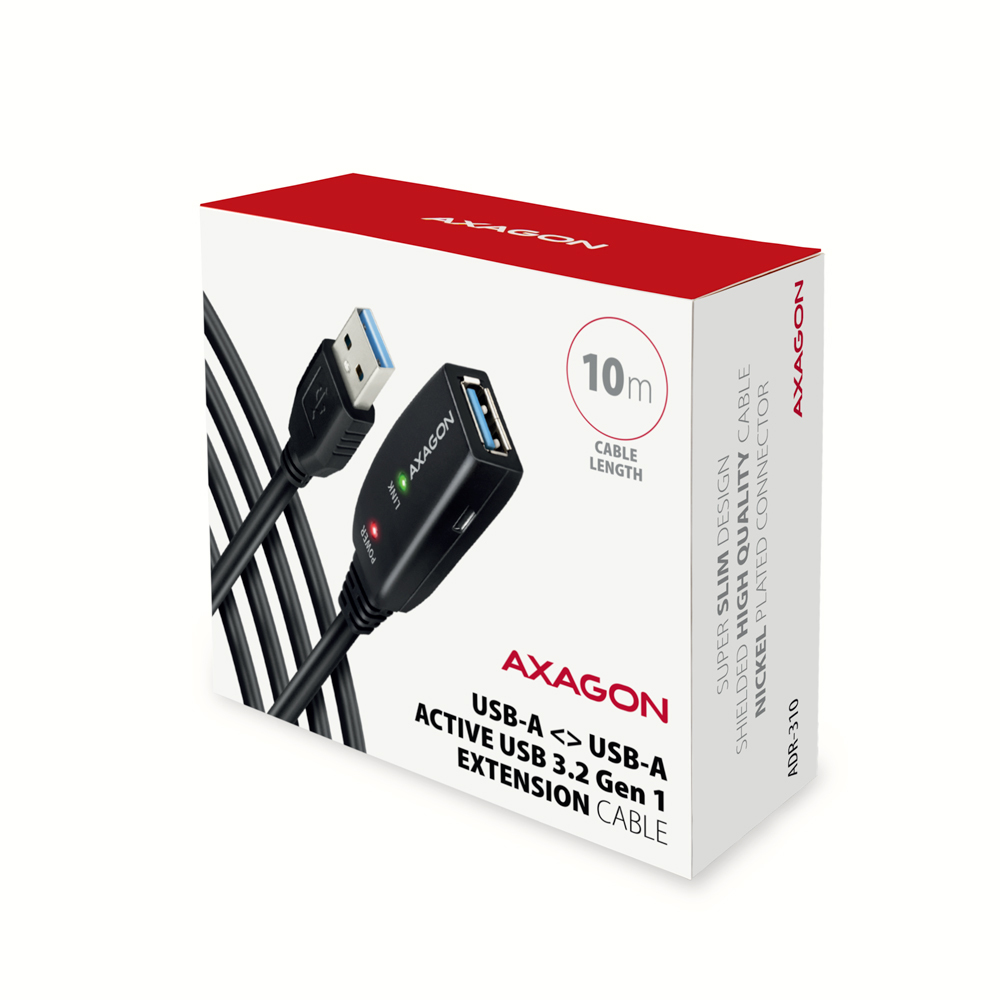 Scatola con cavo di prolunga USB. L'etichetta dice 'AXAGON USB-A a USB-A'.