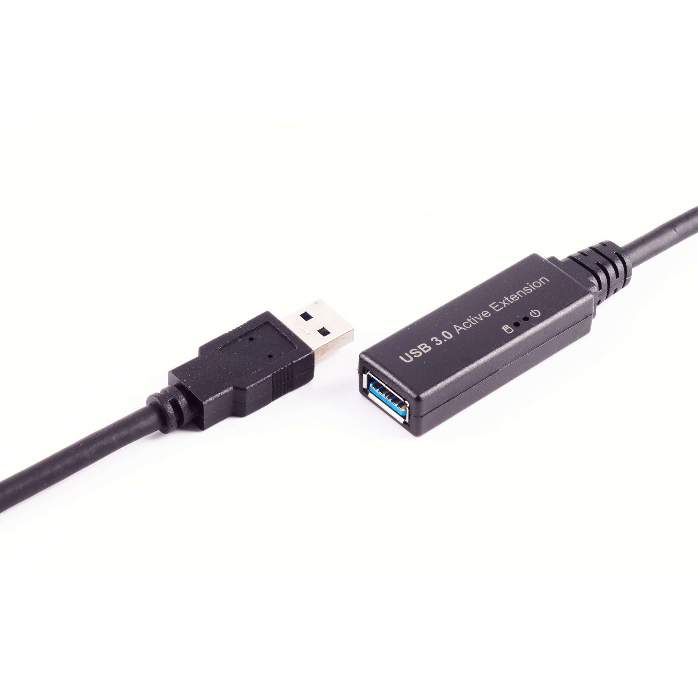 Czarny kabel USB z wtyczką USB-A i aktywnym przedłużaczem USB 3.0, na białym tle.