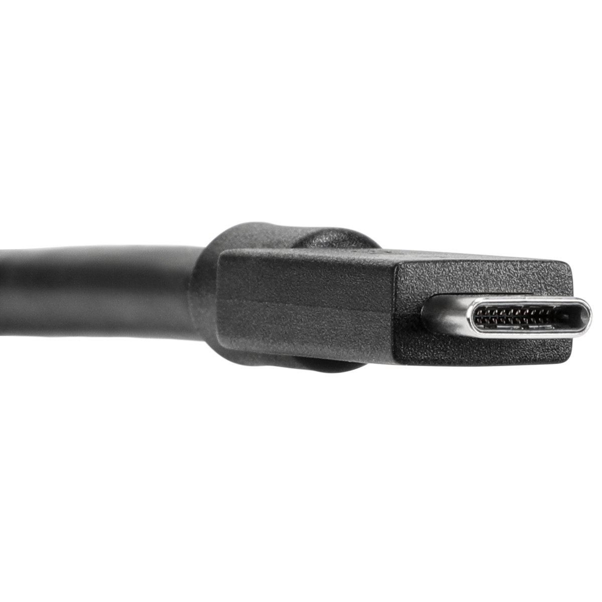 Primo piano di un connettore USB-C nero, che mostra i pin di connessione. Isolato su sfondo bianco.